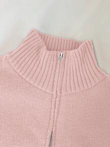 Franclia 女士优雅纯色罗纹高领修身长袖拉链上衣搭配弹力腰显瘦喇叭腿针织衫两件套，冬季 - 粉色 - 查看 3