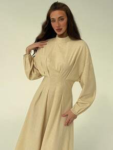 Aloruh 简约通勤立领收腰褶皱泡泡袖米色竹纤维棉 A 字裙女式 - 杏色 - 查看 7