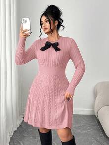 Elenzga Váy chữ A thắt nơ eo thời trang cỡ lớn, váy chui đầu dệt kim màu đỏ tía - Hồng - Xem 4