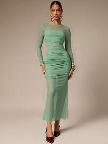 Silquee Women's Solid Color Round Neck Raglan Sleeve Ruched Fashionable Sheer Dress - Mint Green - View 4