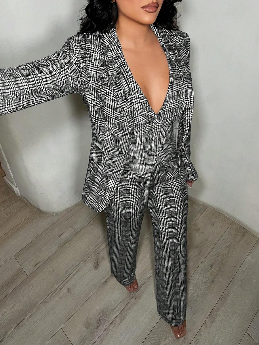 SHEIN SXY 女士千鸟格纹长袖西装外套、单排扣马甲和长裤三件套，优雅套装，格子两件套，裤装套装，女士西装套装，女士套装，外出套装，女士套装，格子两件套 - 彩色 - 查看 1