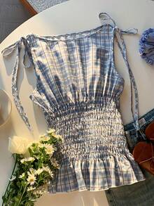 Comfortcana 女士格子印花系带无袖休闲背心，夏季 - 彩色 - 查看 6