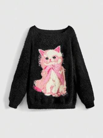 ROMWE Avant Pull ample en cachemire-like à épaules dénudées avec motif de chat mignon pour femmes