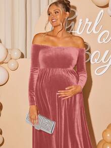 Loomaby 孕妇纯色露肩优雅长袖连衣裙 - 粉色 - 查看 6