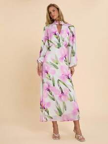 COSMINA Đầm maxi in hoa dành cho nữ, đầm maxi thanh lịch, đầm ngày Valentine, đầm dự tiệc cưới, đầm tay dài, đầm lãng mạn sang trọng, cổ chữ V, thiết kế tay raglan, đầm hở lưng, thích hợp cho các buổi họp mặt, tiệc cocktail và sự kiện. - Nhiều màu - Xem 5