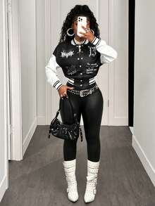 BamGleam Áo khoác bóng chày phối màu, vai rớt, cài nút phía trước, dành cho nữ, mùa đông, áo khoác đen. - Đen và trắng - Xem 6