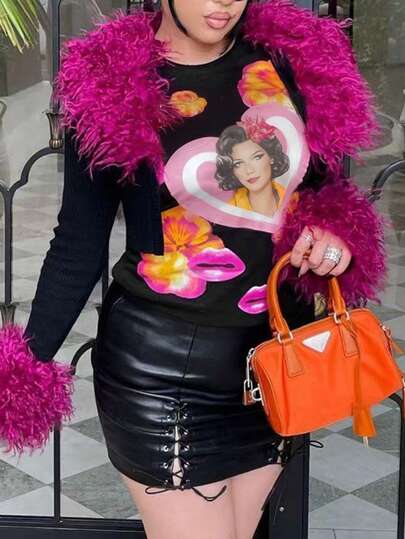 Rovax Women's Casual Floral & Portrait Graphic Round Neck Short Sleeve Fitted T-Shirt, Summer