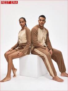 Rest Era Conjunto de chaqueta y pantalones cortos de invierno con cremallera frontal de contraste y mangas raglán esponjosas - Multicolor - Ver 4