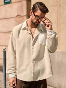 HIMLAND 男式休闲梭织拼接灯芯绒宽松插肩领夹克 - 彩色 - 查看 4