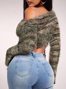 Radiana 女士性感休闲复古美拉德棕色不对称肩长袖上衣，修身针织衫，柔软舒适，适合秋冬季穿着 - 彩色 - 查看 2