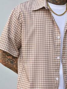 Devon Thys 男士格纹短袖单排扣休闲衬衫，夏季 - 咖啡棕 - 查看 6