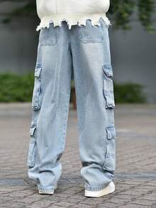 Devon Thys Men's Distressed Washed Multiple Pockets Cargo Jeans, Casual Straight Leg Pants - Mint Blue - View 2