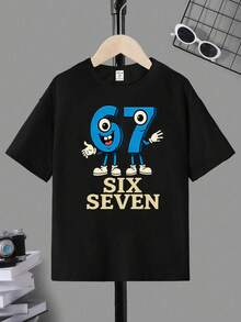 Camiseta de manga corta para niños con estampado gráfico de número 67 y gesto de mano de ojos grandes azules, estilo casual y creativo, ideal para uso diario casual en verano y otoño - Negro - Ver 3