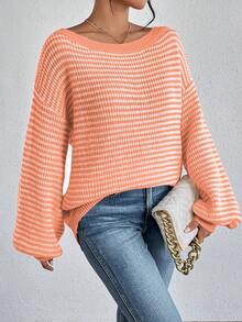 SHEIN VCAY Áo len chui đầu trễ vai kẻ sọc ngang dành cho nữ cỡ lớn, phong cách công sở thường ngày, đi nghỉ mát, đồng quê. - Màu Hồng  San hô - Xem 6