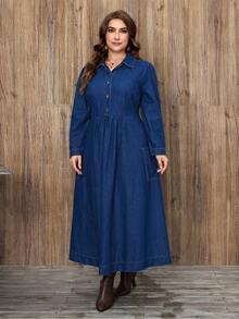 EMERY ROSE Plus Size Women Casual Elegant Washed Denim Dress - Dark Wash - View 6
