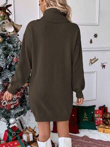 EMERY ROSE Fashionable Oversized Deer Pattern Turtleneck Lantern Sleeve Loose Casual Mid-Length Sweater Dress, Chic Christmas Vibe, Autumn/Winter - Multicolor - View 2