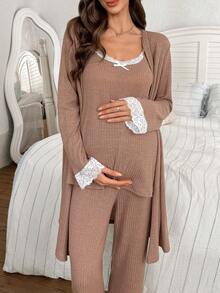 Moonlight&Mama 3pcs Solid Color Ribbed Contrast Lace Camisole, Pants And Jacket Maternity Casual Pajama Set, Winter