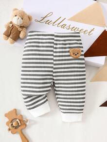 Newborn Baby Bear Ribbed Pants&T-Shirt,Gray & White Stripes,Adorable Bear Applique Decor,Soft & Comfortable Striped Outfit Set For Newborns - Grey - View 2