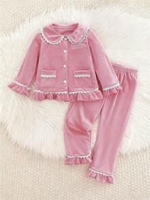 女童刺绣字母图案荷叶边舒适简约圆领长袖上衣和裤子套装，适合家庭聚会，秋冬 - 粉色 - 查看 3