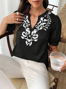 SHEIN LUNE Áo sơ mi cổ khoét họa tiết hoa thường ngày dành cho nữ khi đi nghỉ - màu đen - Xem 3