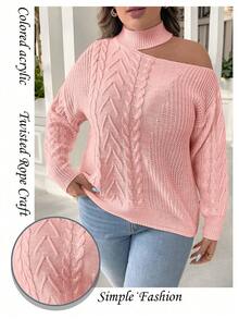 Elenzga Áo len trễ vai màu trơn cỡ lớn, thích hợp cho Ngày Valentine. - Hồng - Xem 3