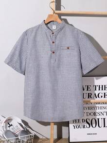 青少年男童休闲条纹领衬衫，用途广泛，适合上学、通勤、日常穿着、运动，春夏皆宜。 - 彩色 - 查看 3