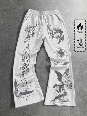 Street Life Pantaloni casual da uomo con stampa di angeli e lettere e vita con coulisse