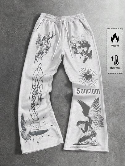 ROMWE MEN Street Life Men's Angel & Letter Print Drawstring Waist Casual Sweatpants