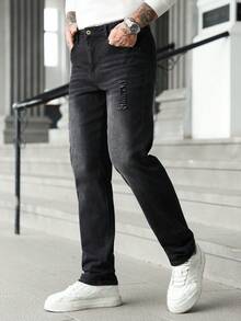 Manfinity Homme Men's Pocket Distressed Straight Loose Casual Versatile Jeans - Black - View 8