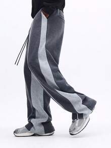 SUMWON Pantalones de chándal holgados con paneles laterales de corte y costura en tono blanco, detalle de ribete, cintura con cordón, pantalones casuales de estar por casa lisos - Multicolor - Ver 5