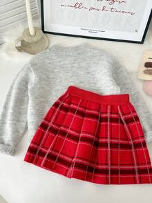Genkimix Kids Young Girl Cartoon Pattern Sweater & Plaid Skirt Set - Multicolor - View 2