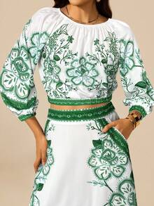 CAJUNI 女士度假休闲热带花卉印花长灯笼袖黑色圆领短款衬衫，女士长袖衬衫，女士度假装 - 綠色 - 查看 4