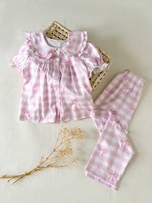 SHEIN 2pcs Girls Butterfly & Plaid Print Set, Peter Pan Collar Ruffle Trim Short Sleeve Top & Pants, Stretchy & Soft Fabric, Ideal For Casual Wear