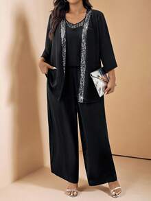 SHEIN LUNE 三件套亮片拼接无袖上衣、七分袖外套和裤子，大码派对套装 - 黑色 - 查看 6