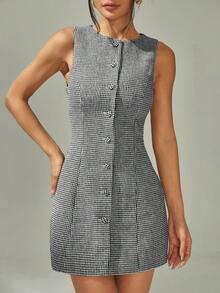 SHEIN PETITE 女士时尚通勤千鸟格前扣无袖迷你连衣裙 - 黑與白 - 查看 4