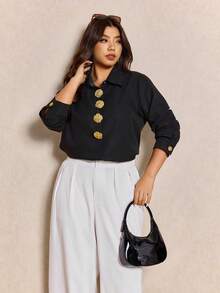 Elaquor Plus Size Women Metal Floral Decor Long Sleeve Shirt And Pleated Wide Leg Pants Casual 2 Piece Set - Black - View 3