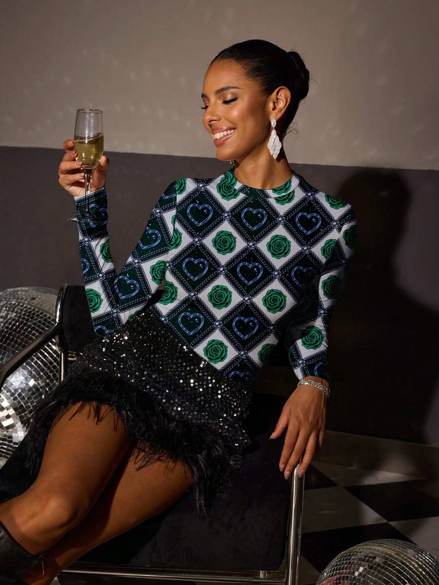 Glamance Vecteezy Maglietta casual da donna a maniche lunghe con scollo rotondo, stampa a cuori e fiori, con paillettes - Multicolore - Visualizzare 1