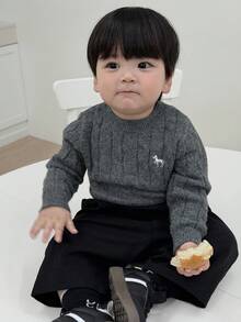 DAZY Toddler Boys' Crew Neck Cable Twist Cartoon Embroidery Solid Color Sweater - Dark Grey - View 5