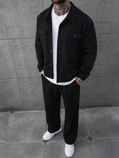 SLATEMANN 男士休闲翻盖口袋纽扣前开襟外套和裤子套装，秋季款