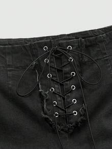 ROMWE MEN Street Life Men's Distressed Eyelet Lace-Up Flared Jeans - Black - View 3