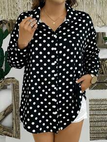 Breezaya 大码女式黑色波点印花宽松休闲舒适长袖衬衫，适合日常穿着、度假、节日、派对等场合。 - 黑色 - 查看 4