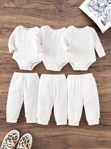 SHEIN 男婴三件套服装，包括三件白色针织长袖连体衣和三条松紧腰裤，适合所有季节，日常穿着，可叠穿，适合3个月至24个月的男婴。 - 白色 - 查看 8