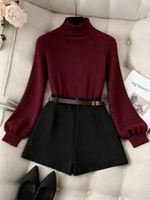 SHEIN Franclia 秋冬季优雅时尚百搭酒红色高领灯笼袖套头毛衣，适合秋冬季圣诞节新年感恩节派对海滩毕业舞会角色扮演新年外出等场合，适合女性毕业典礼、优雅时尚休闲通勤商务办公日常休闲穿着。 - 酒紅色 - 查看 2