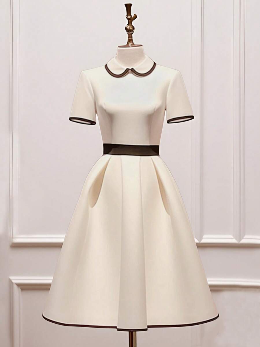 Franclia Fashionable Waist Cinched French Style Contrast Color Block Beige Dress For Women, Spring/Summer - Apricot - View 1