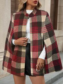 EMERY ROSE 女士格子披肩袖优雅宽松羊毛大衣，秋冬款 - 棕色 - 查看 4