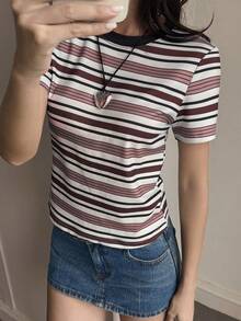Livesso Áo thun nữ cổ tròn tay ngắn kẻ sọc thường ngày, mùa thu - Màu Đỏ Sâu - Xem 6