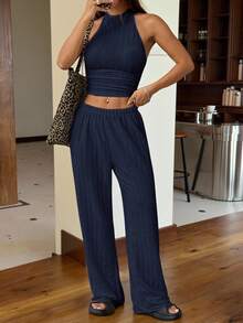 SHEIN EZwear Conjunto informal de 2 piezas de mujer de punto en azul marino - Azul Marino - Ver 4