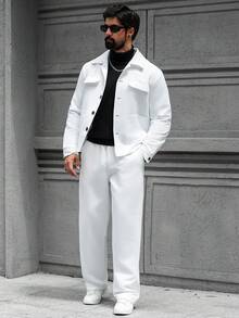 Manfinity CasualCool Men's Casual Solid Color White Autumn Suit Set,Commuter Jacket And Pants Outfit,Holiday Tuxedo For Daily Leisure,Outdoor Activities & Semi-Formal - White - View 3