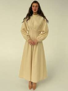 Aloruh 简约通勤立领收腰褶皱泡泡袖米色竹纤维棉 A 字裙女式 - 杏色 - 查看 6