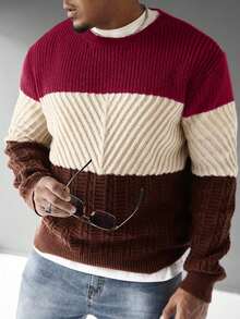 EURMUSE Men's Casual Contrast Color Round Neck Long Sleeve Sweater, Versatile For Autumn - MultiWarna - View 5